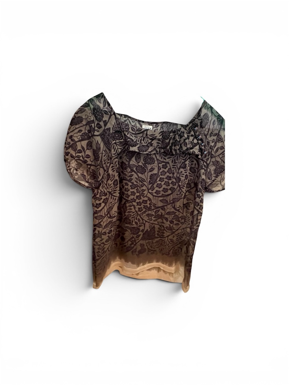 Woven Floral Sheer Puff-Sleeve Top in Brown